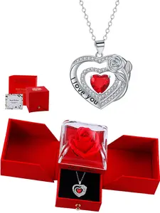 Heart Birthstone Pendant Necklace, Layered Heart Charm, Includes Eternal Flower Rose Gift Box, Ideal Valentine's Day Birthday Present