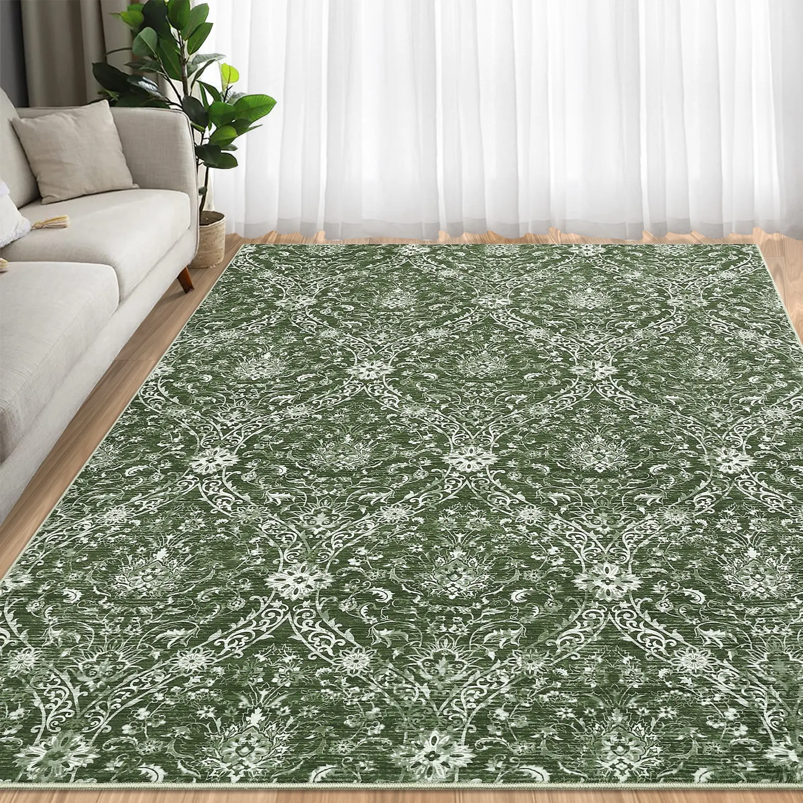 Vintage Floral Printed Rug Non-slip Foldable Area Carpet for Bedrooms Dining Rooms Apartments Machine Washable Soft Microfiber