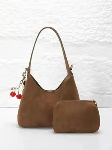CYX Melamine Suede Women's Shoulder Bag with Underarm Carry, Vintage Crescent Tote Bag, Fall/Winter Shoulder Bag, Hobo Shoulder Bag, Cherry Pendant Accessory, Ideal for Daily Commutes or Family Outings, Handbag Shoulder Purse