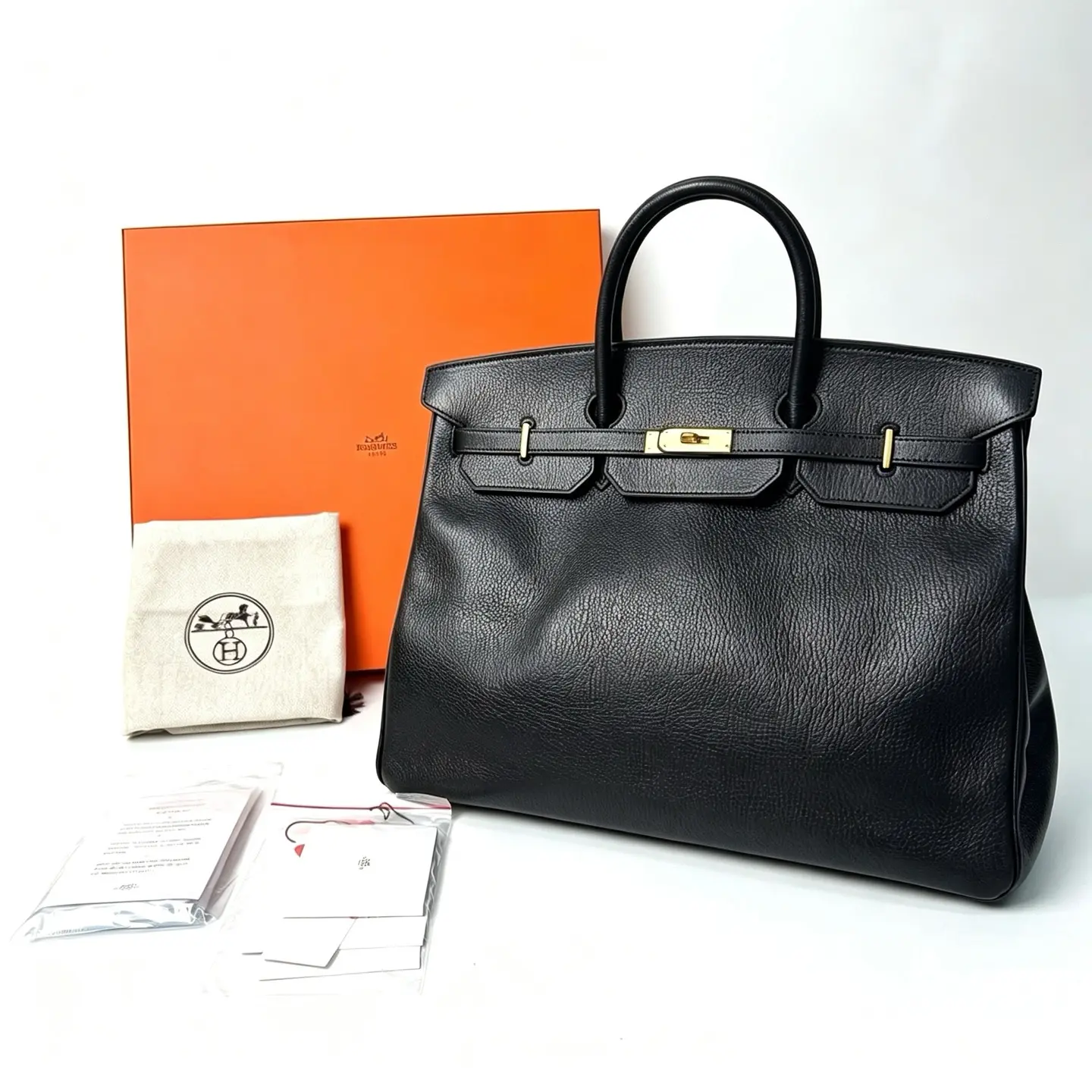 Pre-owned HERMÈS Birkin 40, Noir ADEN Grained Calfskin Handbag, 1996, Approx. 40cm Base Length, Serial No. N23334979