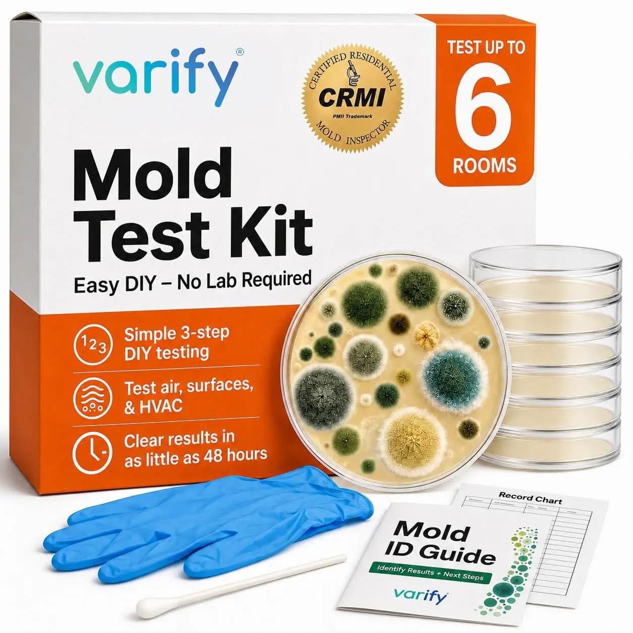 Varify DIY Mold Test Kit for Home, 6-Room Indoor Air, Surface & HVAC Testing Kit, No Lab Required, 6 Pre-Filled Petri Dishes, 6 Sterile Swabs, Mold ID Guide & Record Chart, Visible Growth in 48–96 Hours