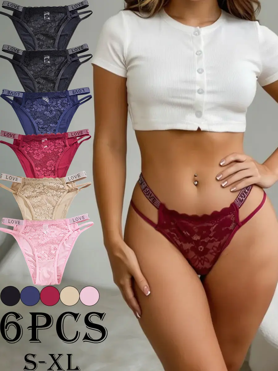 Women's 6-Pack Floral Lace Panties, Mid-Rise Fitted Knickers with Crystal "LOVE" Double Straps, Seamless Fantasy Triangle Underwear, Birthday, Halloween, Thanksgiving, Crystal Straps, Cheeky, Seamless Fit, Basics, Sexy, Chinese New Year, Six Pieces, Skin