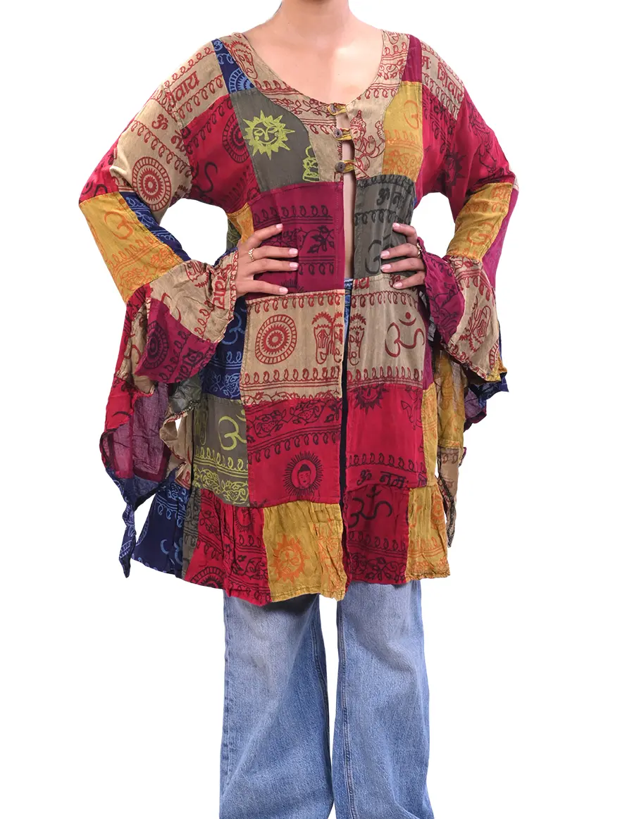 Caravan Closet Women's Breathable Cotton Bohemian Blouse with Patchwork and Flare Sleeves, Casual Flowy Fit, Shirts, Soft