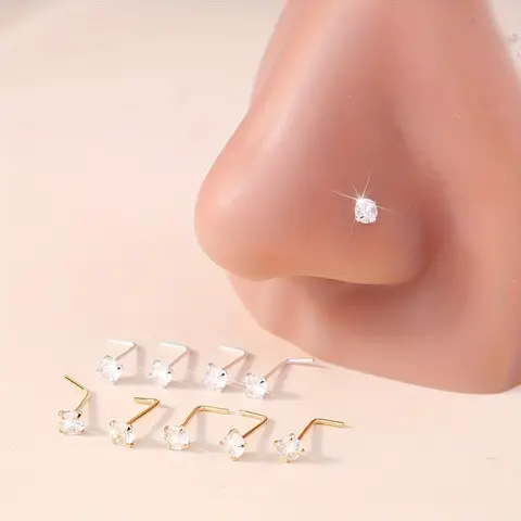 5Pcs Classic Golden/Silvery Nose Rings Ear Studs Boho L-shaped Nose Nostril Piercing Body Jewelry Women 3mm Shiny Cubic Zirconia Nose Screw Ear Stud Ring L-shaped Nose Stud Set
