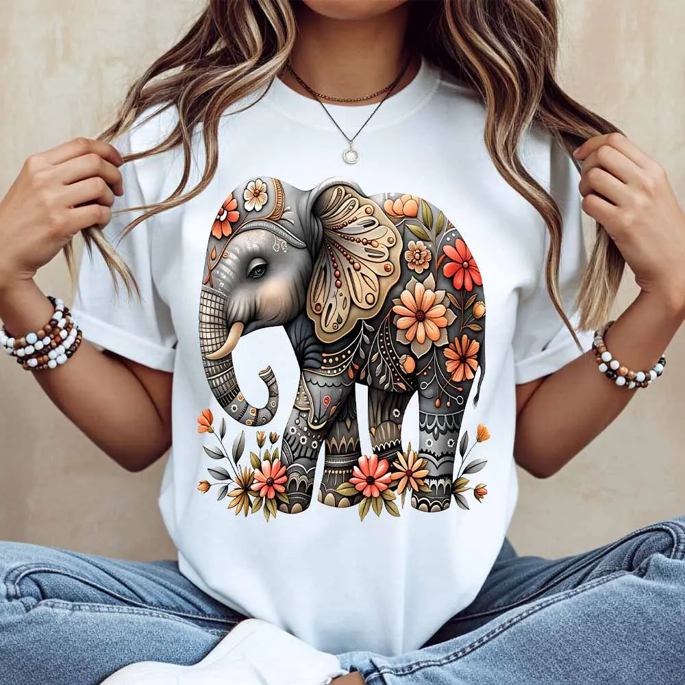 Floral Elephant Print T Shirt White Casual Loose Fit For Everyday Wear And Light Activities