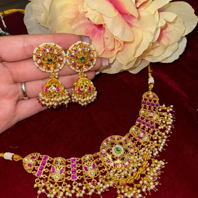 Pink and Golden Kundan Jewelry Set with Jhumke Earrings