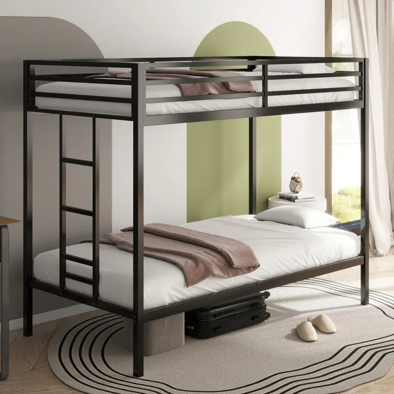 Bunk Bed Frame Twin Over Twin, Metal Bunk Bed with Guardrails, Twin Bunk Beds for Bedroom, No Box Spring Needed, Easy Assembly, Black