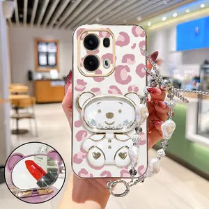Reno13Pro Popular Series Jewelry Strap Lanyard Phone Holder Case For Compatible With Oppo Reno 13 Pro Plating Cover and Durable Pink Luxury Leopard Print Bear Protector Cases