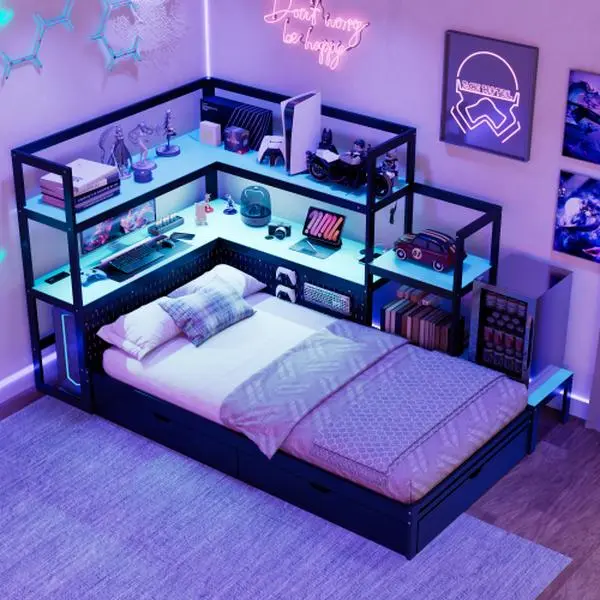 Bellemave  Twin Size Gaming Daybed with Integrated Desk and LED Light, Modern Wooden Bed Frame with 3 Storage Drawers and Built-in Charging Station, Multi-Functional Headboard Bookcase