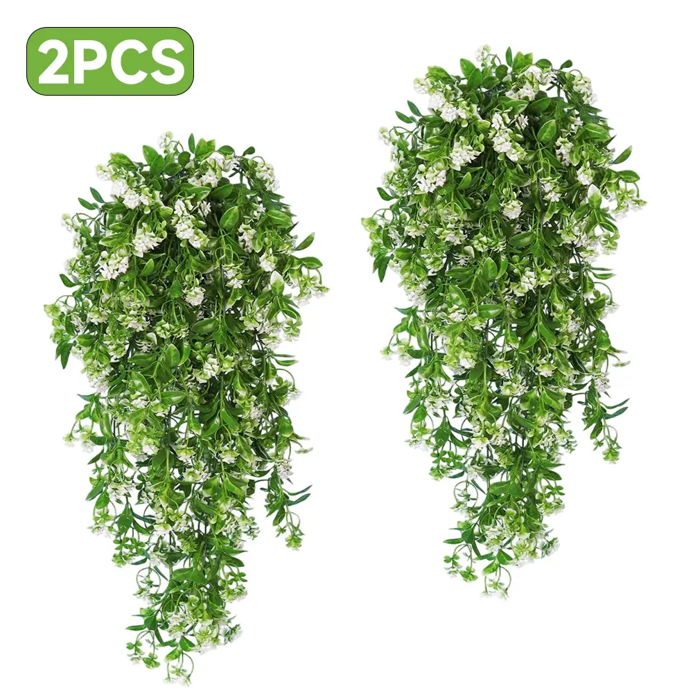 2Pcs Iron Waterproof UV-Resistant Plastic Artificial White Hanging Vines Ornaments, Decorative Greenery Ivy Pack for Indoor Wall, Party, Outdoor Garden - All Seasons Home Improvement Building Supplies Wallpaper & Wall Trim