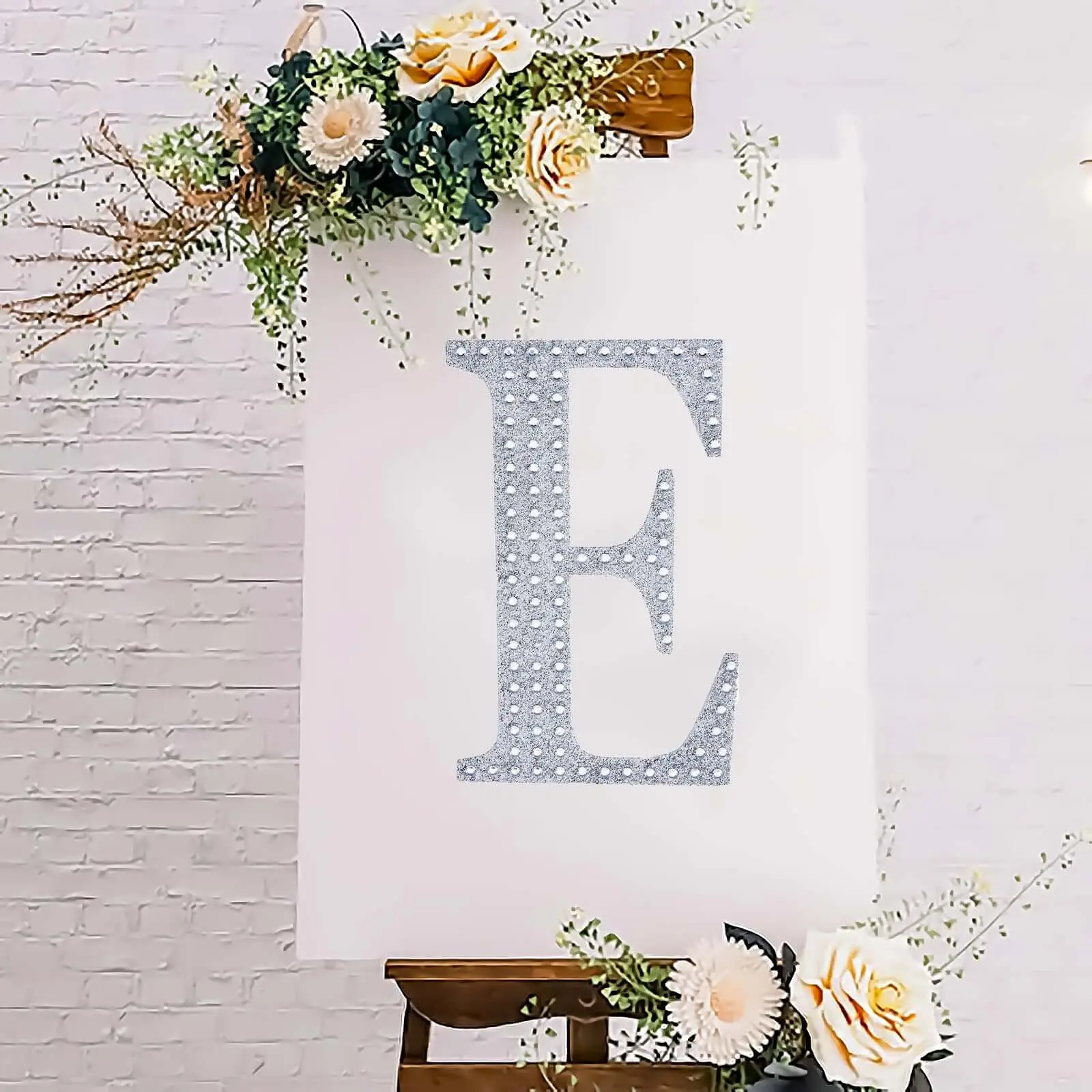 8-in Silver Glitter Rhinestone Alphabet "E" Adhesive Decal Sticker - DIY Craft Embellishments for Scrapbook, Wedding Party Projects