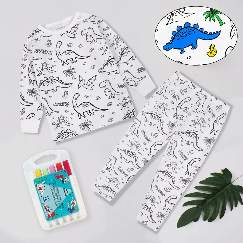 Unisex Kids' Cartoon Print Pajama Set - Color-Your-Own with Markers, Soft Bamboo Viscose-Elastane, Snug, Stretchy, Breathable Sleepwear, Age-Tagged Animal-Inspired Character-Themed Dino & Mermaid Pajama Sets, Age-Tagged Pajama Sets