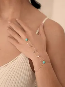 Ettika Turquoise Solstice Hand Chain 18k Gold Plated Brass Reconstituted Turquoise Blue Bracelet Stackable Cuban Link Bohemian Elegance for Adults