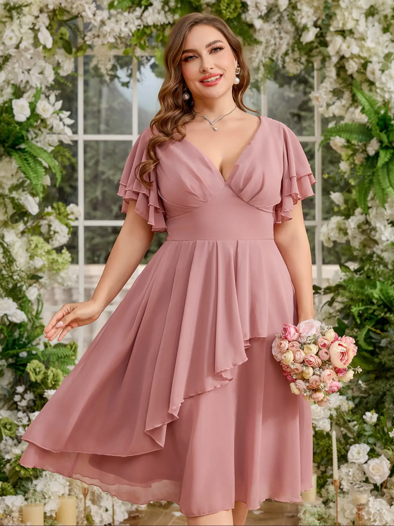 Plus Size Women's Elegant Deep V Neck Multi-Layer Ruffled Sleeves Waist Cinching Bridesmaid Dress, Fitted Short Dress for All Seasons Garment