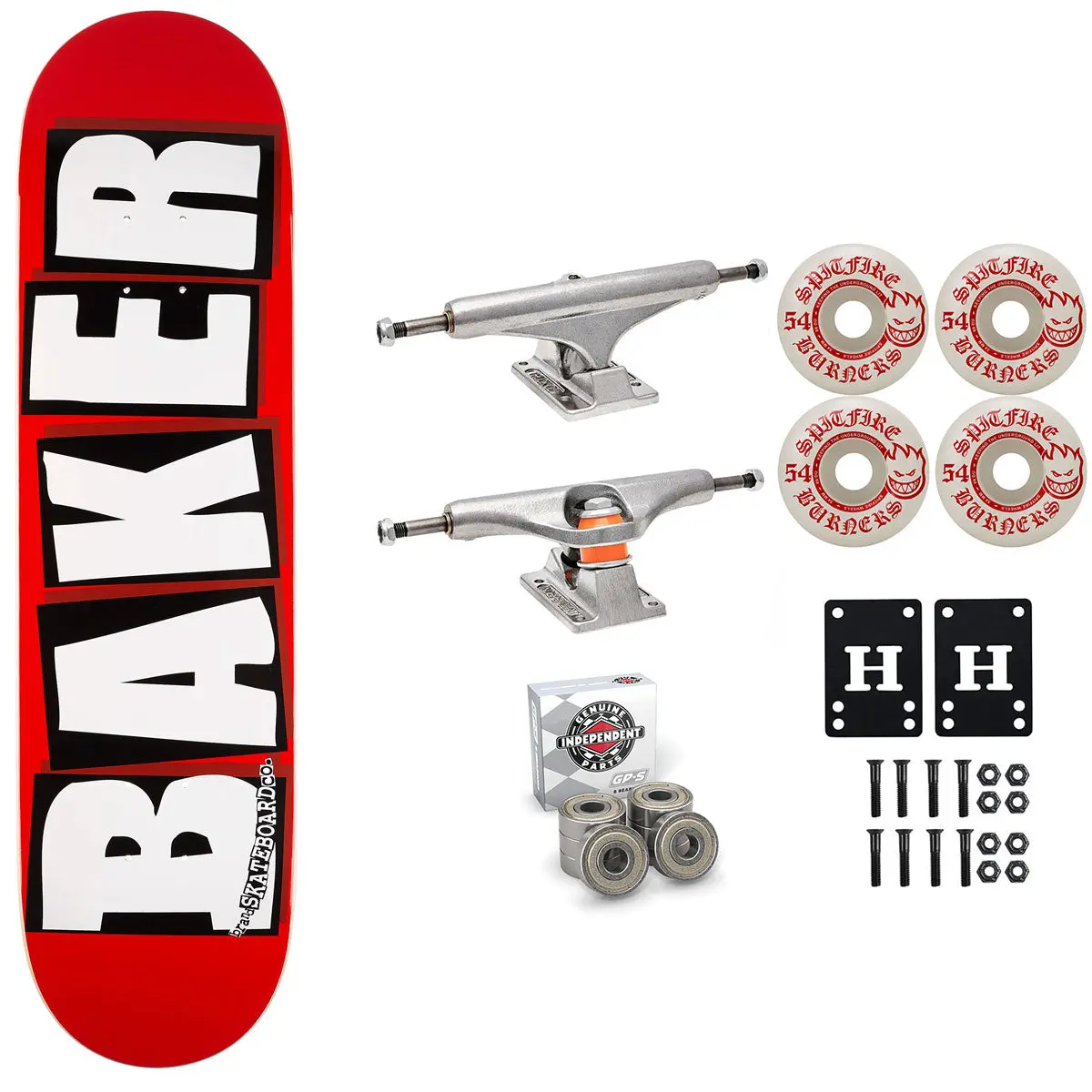 Baker Skateboard Red/White OG Shape 8.125" Independent Spitfire Premium Kit