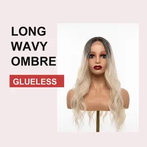 Long Wavy Ombre Lace Front Wig with Simulated Scalp - Black to Platinum Blonde