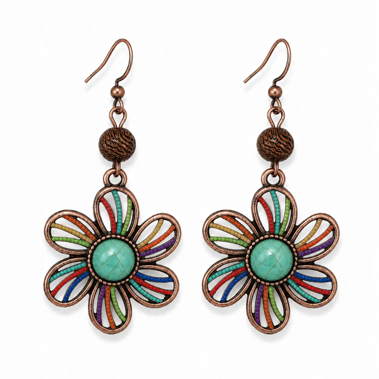 1 Pair Vintage Boho Flower Dangle Earrings for Women, Colorful Faux Turquoise and Wooden Bead Statement Hook Earrings for Summer Vacation, Festival and Western Outfits