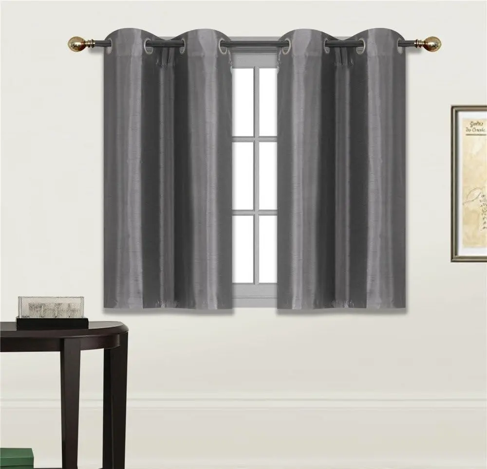 2 Panels Tiers Grommets Small Window  Curtain Faux Silk Insulated Blackout Drape Short Panel 28" W X 36" L Each for Kitchen Bathroom or Any Small Window # D24 (Charcoal)