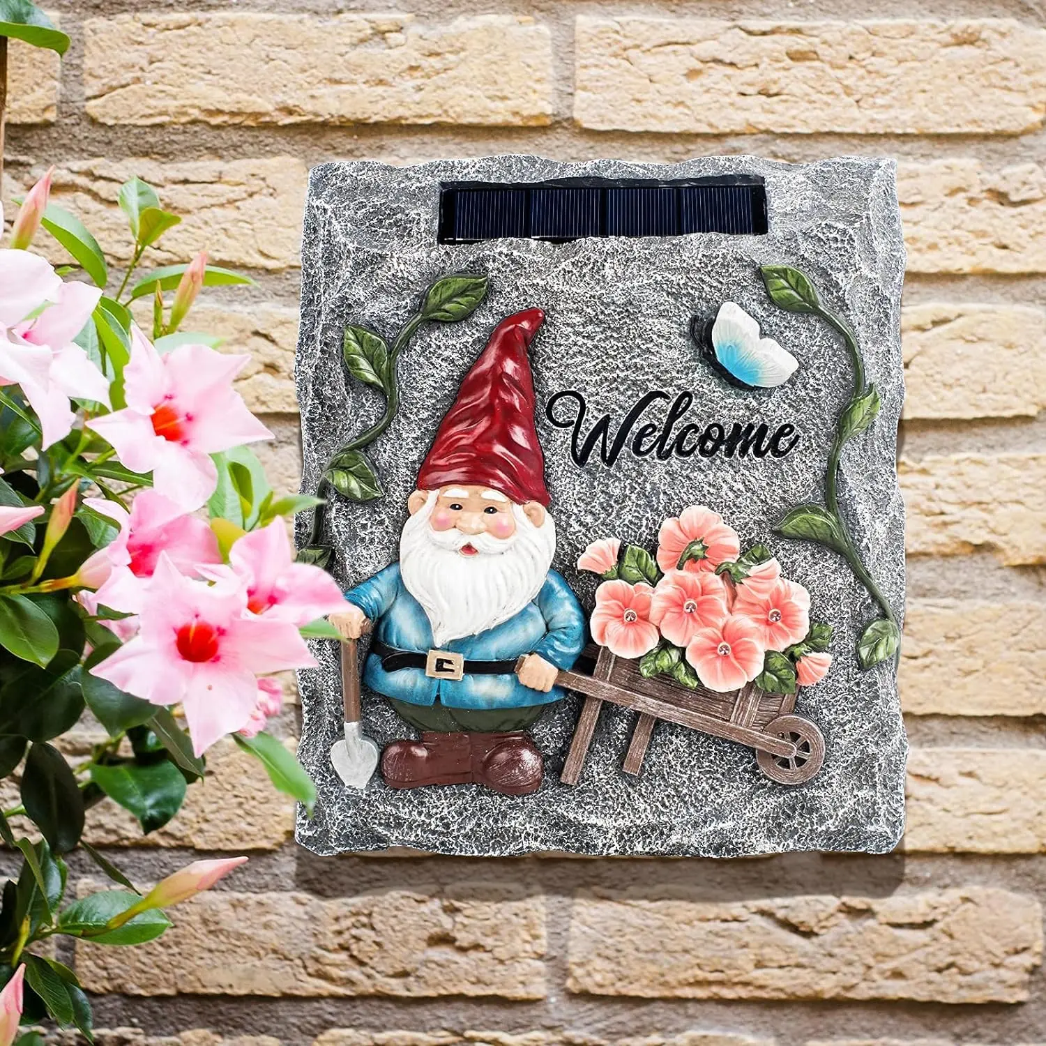 Solar LED Garden Gnome Stepping Stone for Patio Balcony Yard Lawn Decorative with Funny Welcome Design Resin Weather Resistant Outdoor Decoration 8.5x1.5x10 inches