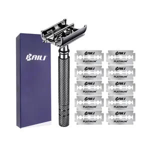 Manual Safety Razor set, Butterfly Open Shaver, Smooth Comfort Razors for Men & Women, 10pcs Stainless Steel Double Edge Blades Handle Platinum Fathersdaygift