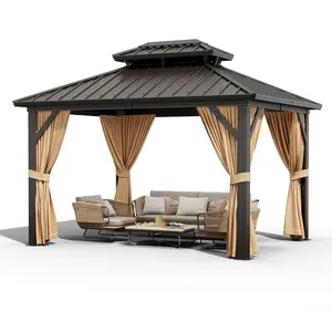 Garvee 10x12 ft Double Roof Hardtop Gazebo, Heavy Duty Galvanized Steel Pavilion with Netting and Curtains, Metal Roof Patio Gazebo for Terrace, Lawn, and Deck, Brown