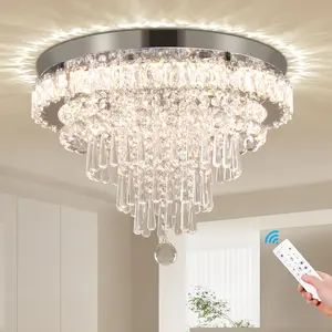 Vintage K9 Crystal LED Ceiling Chandelier Dimmable Remote Control Large Round Flush Mounted 5-Shape Crystal Design Classic Rustic Hotel Living Room Bedroom Dining Room Lighting QH-MC109