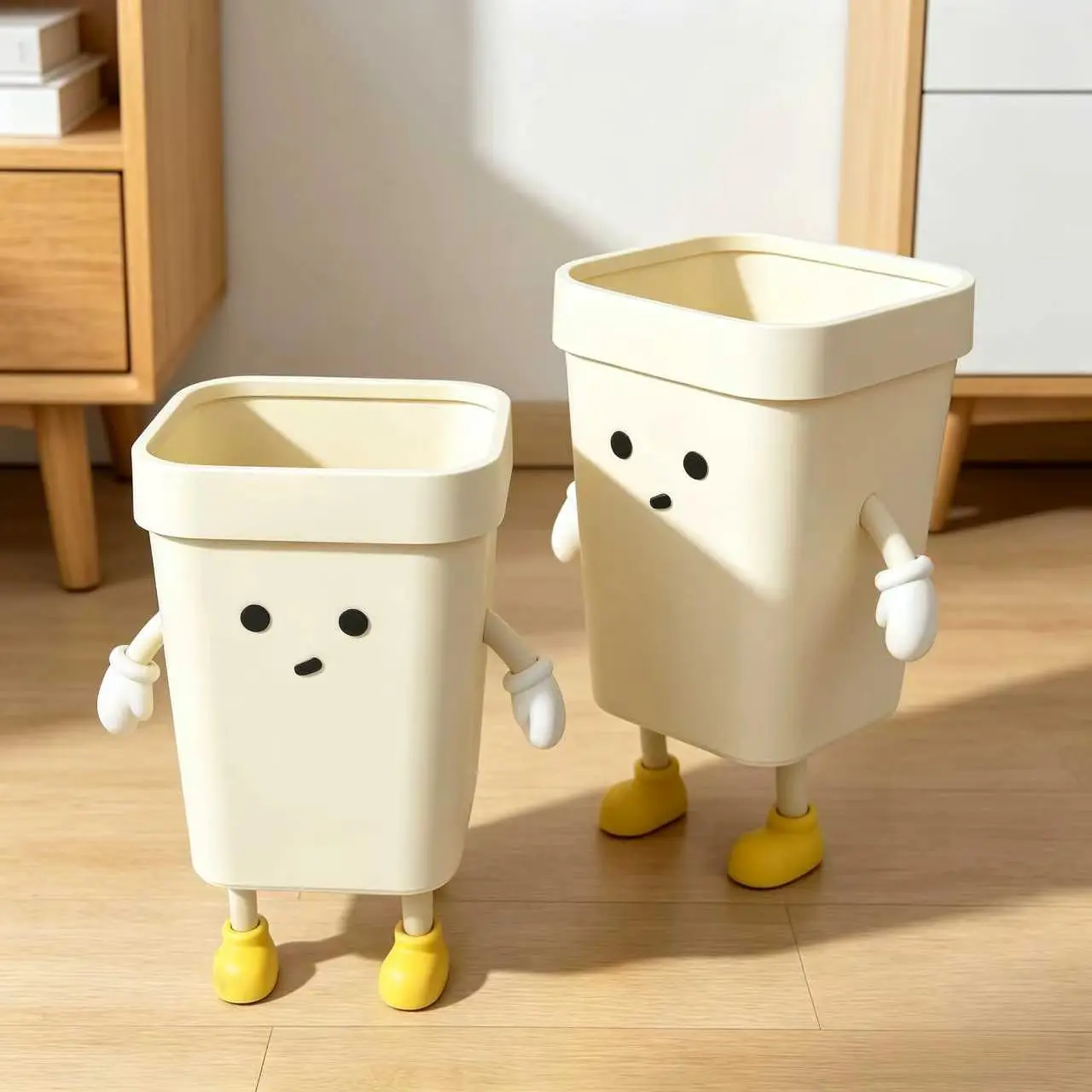 Light Minimalist Kawaii 2-Pack Cartoon Open-Top Trash Bins - Detachable Covers, Movable Arms & Legs, 7L & 12L Sizes, Home Decoration Supplies for Bedroom Organization
