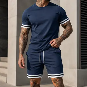 Men’s 2-Piece Short Set, Shortleeve Round Neck T-Shirt & Adjust-Fit Drawstring Waist Shorts, Casual Summer Daily Wear Menswear Clothing Set, Shortsleeve