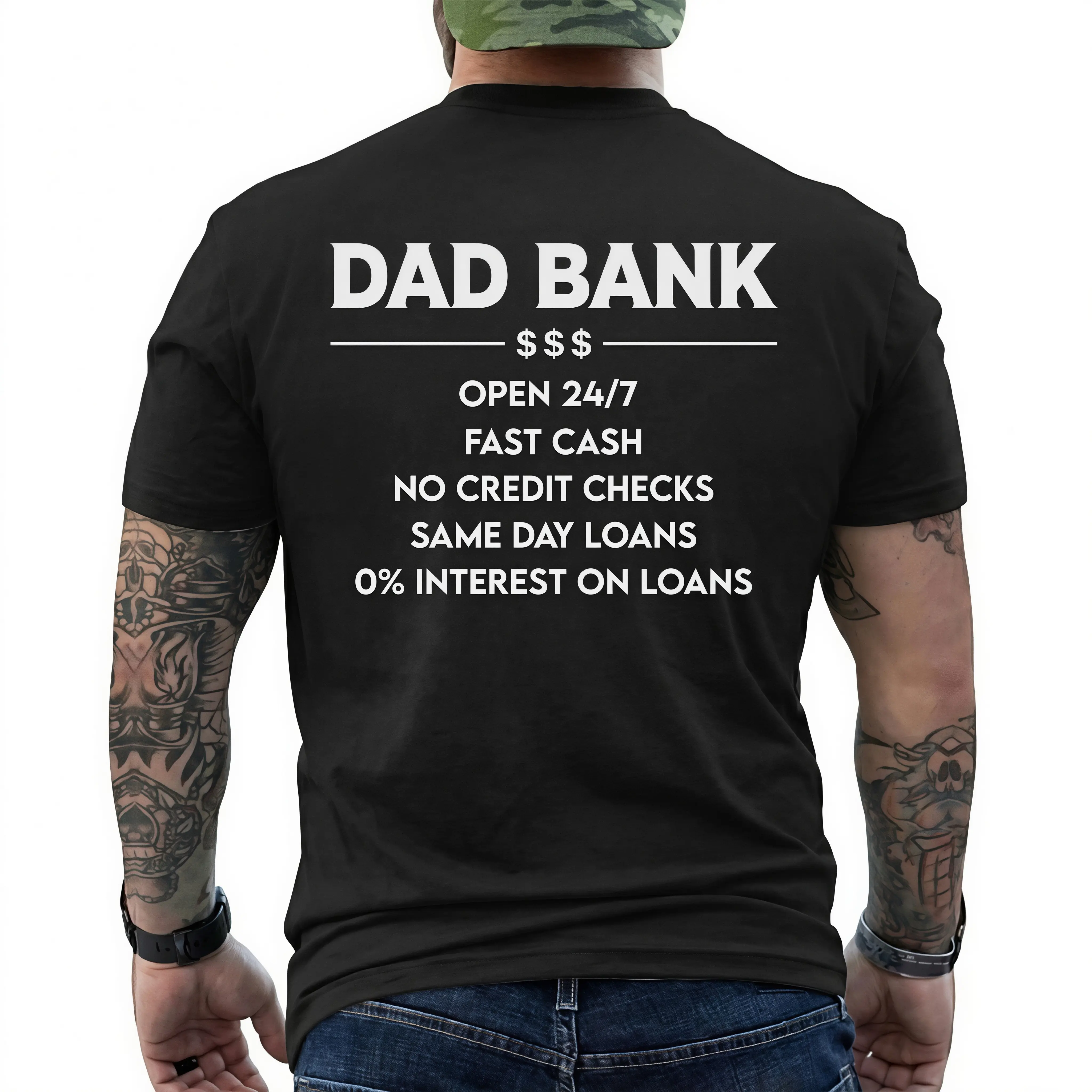 Funny Dad Bank T-Shirt for Men – "Open 247, No Credit Checks" Graphic Tee, Perfect Father’s Day Gift for Dad, Husband, Funny Family Humor Shirt, Short Sleeve Printed Graphic Shirt, Daily Casual Cotton Menswear