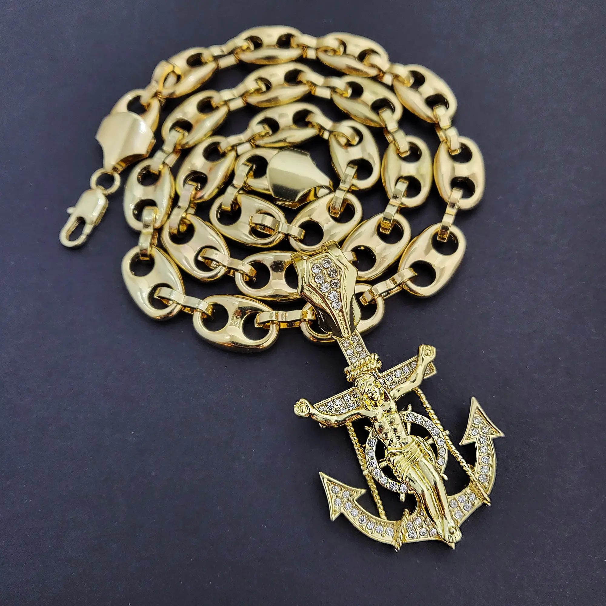 MaxBling81 Iced Cubic Zirconia Jesus Anchor Religious Pendant Necklace - 10mm Shiny Mariner Oversized Chain, 20"-30" Lengths, Gold/Silver Plated Hip Hop Costume Jewelry for Boyfriends (Gold Chain/Silver Sparkling Necklaces), Religious Pendant Necklaces