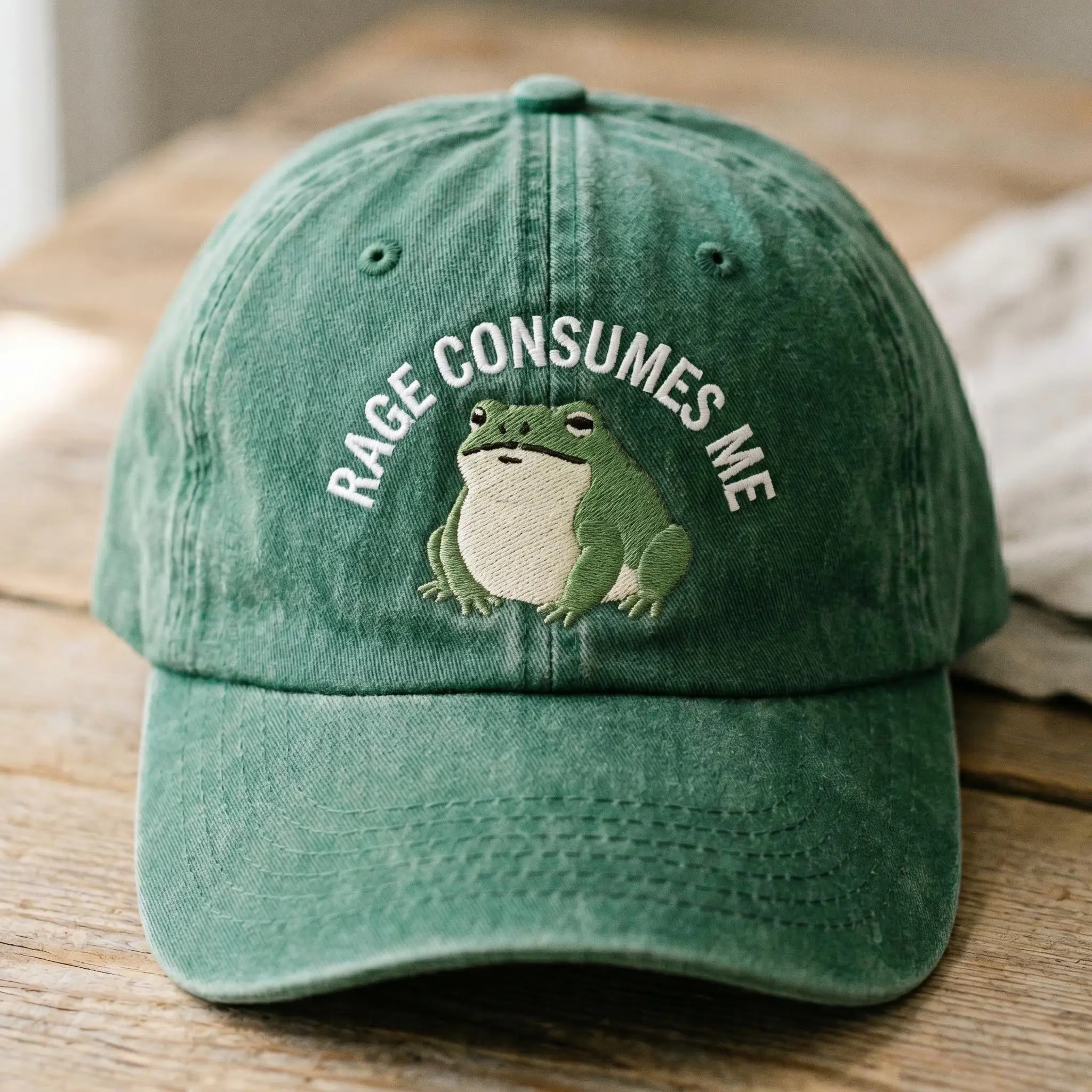 Embroidered "Rage Consumes Me" Grumpy Frog Washed Dad Cap, Round Embroidery, Sarcastic Cottagecore Gift, Fashion Accessory Hat