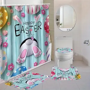 1/4pc Easter Cute Bunny Series Shower Curtain Set, includes non-slip mat, U-shaped rug, and toilet seat cover. Perfect for bathroom decoration, partitioning, and beautifying the space. Comes with 12 shower curtain hooks.