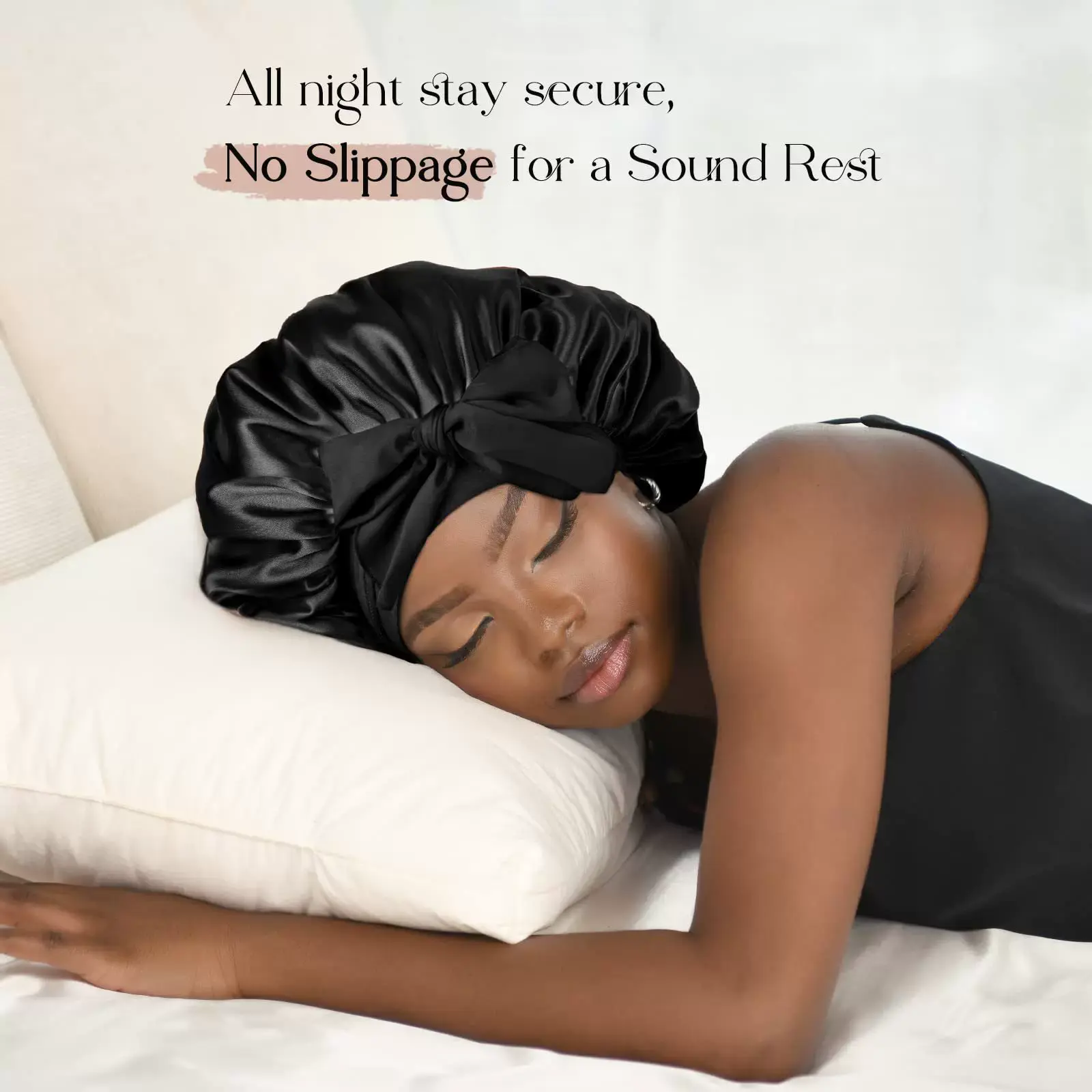 Women's Silky Satin Sleep Bonnet with Large Bow, Luxury Anti-Slip Hair Cap with Wide Band for Curls, Braids & Wavy Hair, Hair Bonnet
