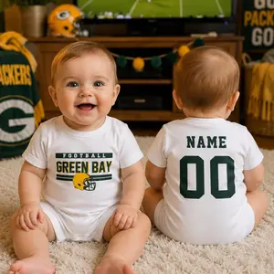 Personalized Green Bay Baby Football Romper, Custom Name Number Baby Outfit, Short Sleeve Sports Romper, Game Day Baby Gift