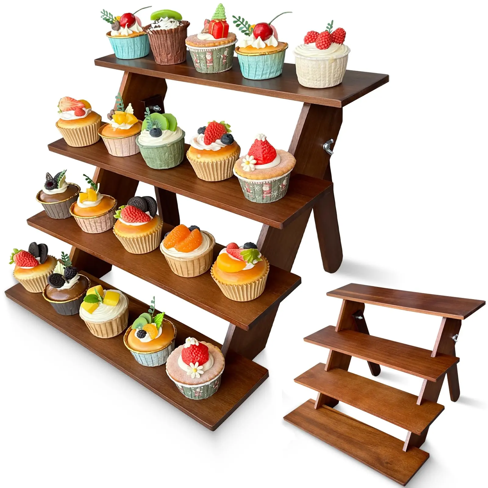 4-Tier Wooden Cupcake Holder - No-Tool Installation Dessert Stand, Rustic Display Riser for Vendor Events, Party Dessert Stand, Spice Rack, Candles, Matcha Station (Holds 24 Cupcakes), Woody, Decor