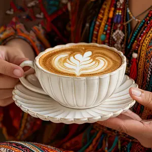 Elegant Ceramic Coffee Cup Set with Gold Trim, Aesthetic Vintage Petal Design, Floral Latte Art, Suitable for Cappuccino, Espresso, Tea