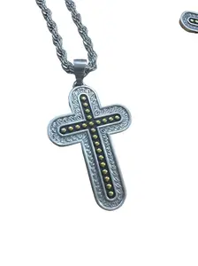 Men’s Western Cross Necklace – Silver with Gold Bead Detailing