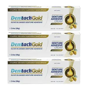 HOT 2026! Denttach Gold Denture Adhesive, Petroleum Free Olive Oil Based Premium Denture Adhesive Cream for Full and Partial Dentures, All Day Secure Hold Denture Glue, Zinc Free, 2.4 Ounce (pack of 3)