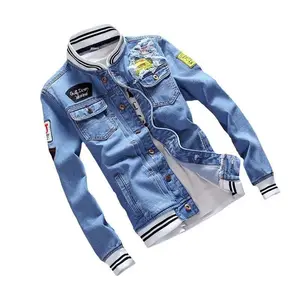 Men's Distressed Patched Denim Bomber Jacket for Casual Streetwear