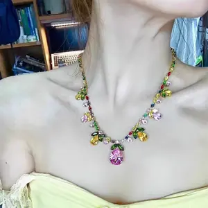 Spring Flower Floating Colorful Treasure Necklace with Heavy Industry Design and Full Diamond Necklace Banquet
