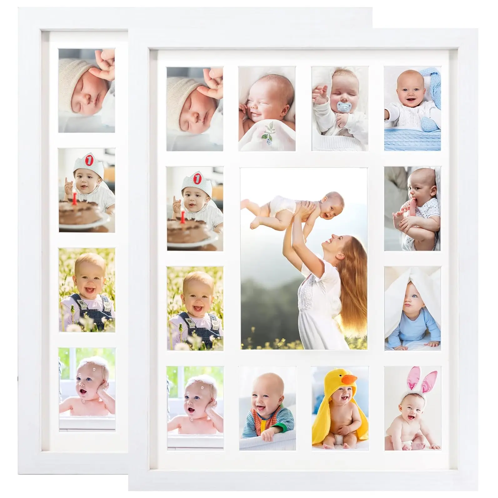 Gender-Neutral First Year Photo Collage Frame - Home Decor Keepsake for Babies, Displays 1 5x7 Photo & 12 2x3 Pictures, Ideal Baby Shower & New Mom Gift