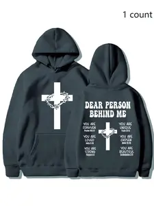 Christian Fitted Hoodie with Bible Verse, Long Sleeve Inspirational Sports Sweatshirt, Faith Cross Graphic Printed Pullover Hoodie, Casual Fall & Winter Wear