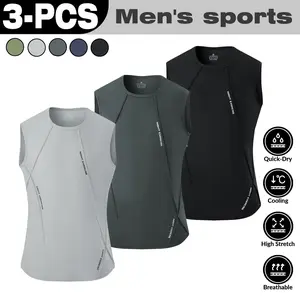 3PCS, Men's Sports Vest 3-Pack Breathable Comfortable Quick-Dry Cooling High Stretch Multi-color Optional Seamless Men's Compression Tank Tops Menswear Tops Operator Bestie Beige Plain Elasticity Lifestyle Beater Set
