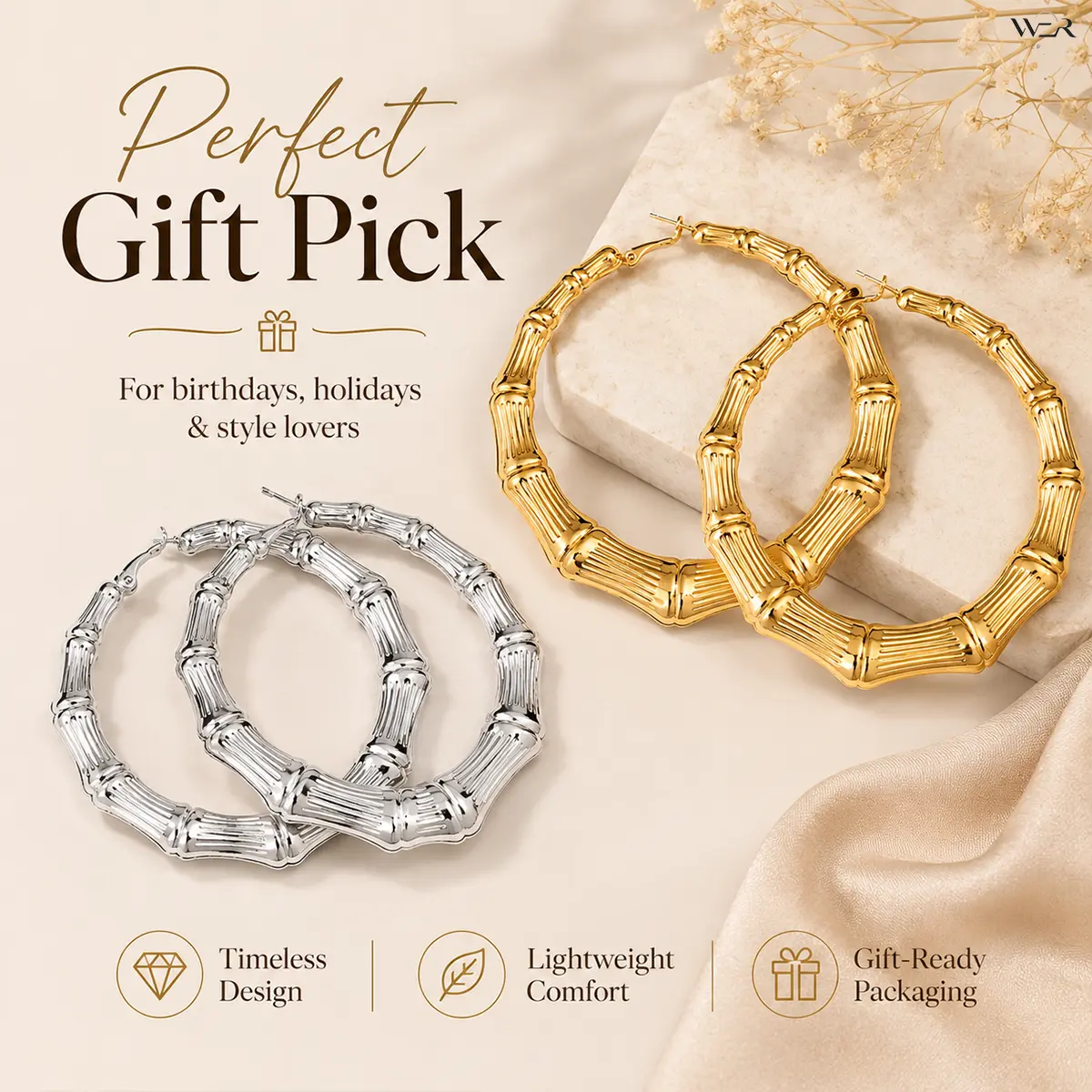 Statement Bamboo Hoop Earrings for Women, Large 8 cm Gold or Silver Tone Hoops with Segmented Texture, Lightweight 23 g Fashion Jewelry, Daily/Events, Female, Height 8.3 Cm, Bamboo-Inspired, Casual Trendy Jewelry, Chunky Hoop Earrings