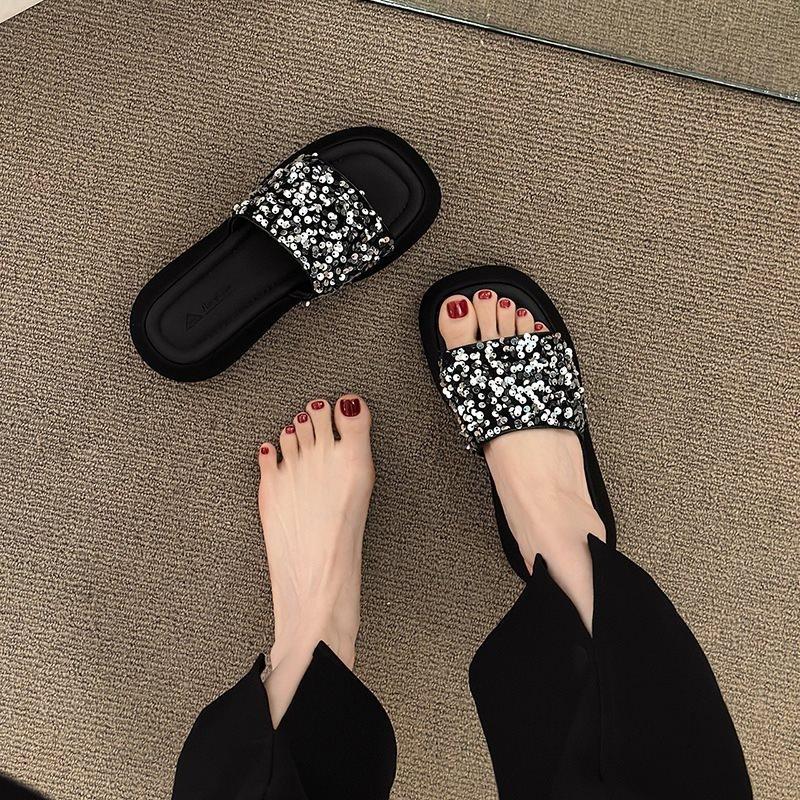 Women's Sparkly Thick-Soled Open Toe Mules - Bling Sequins Decor, Perfect for Night Out, Vacation & Daily Casual