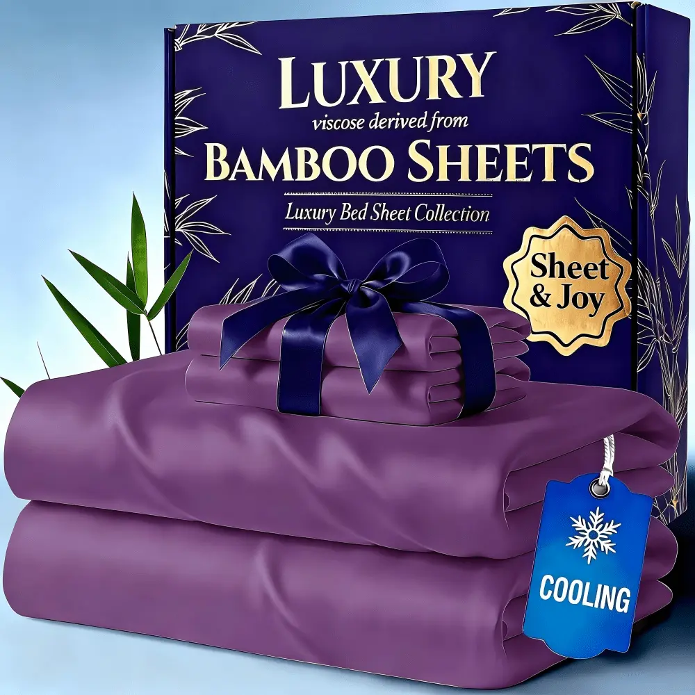 Set of 4 Cooling Bamboo Bed Sheets, 4000 TC Extra Deep Pocket 20 Inch Sheets, Luxurious Soft Hotel & Cooling Sheet Set for Warm Sleepers, Includes Kids' Fitted Sheet, Flat Sheet, And Pillowcases, Quick Delivery from Local Warehouse