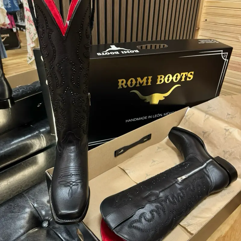 BLACK LEATHER COWBOY BOOTS WITH RHINESTONE EMBROIDERY, RED BOTTOM FOR WOMEN