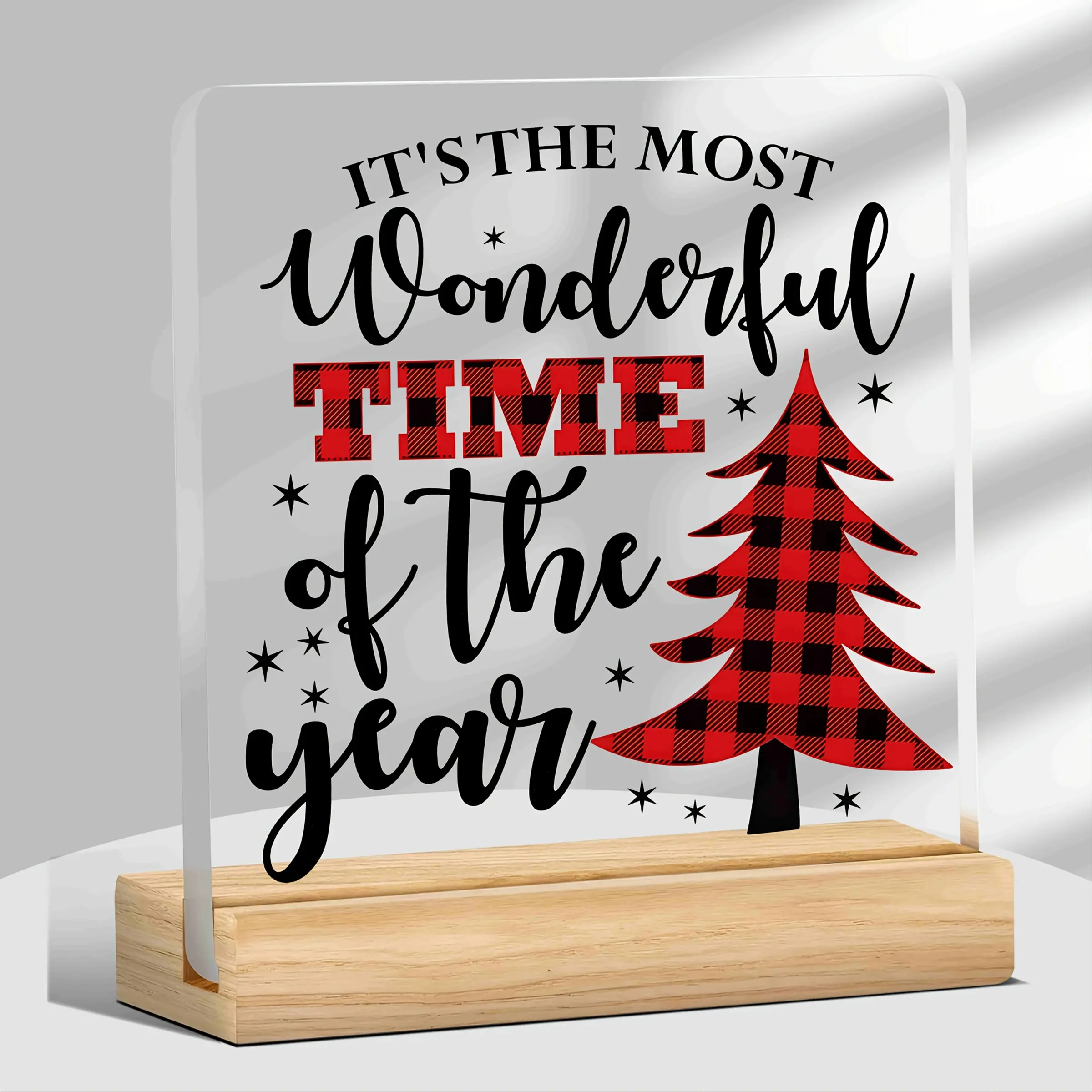 Acrylic Christmas Desktop Decoration, Plaid Tree & Star Design, Home Office Bookshelf Decor, No Assembly Required, Holiday Gift Idea