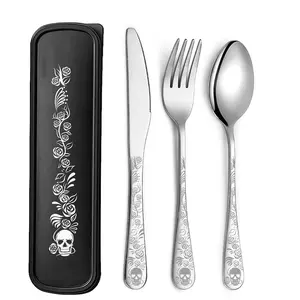 Halloween Gift Portable Gothic Dinnerware Set, 4-Piece Stainless Steel Cutlery with Box, Ideal for Camping Hiking Office School Gifts, Portable Tableware Set