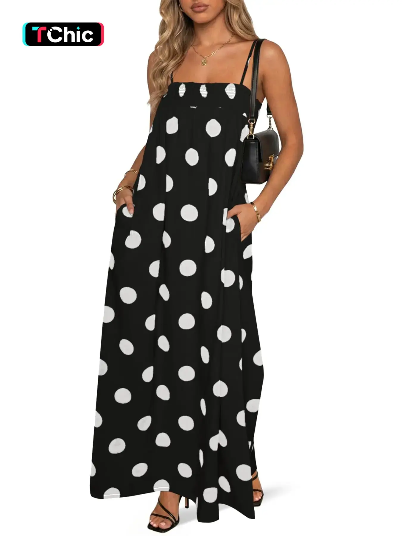 Women's Summer Polka Dot Long Dress, Casual Adjustable Thin Straps A-Line Loose Beach Dress, with Pockets, Comfortable Vacation Wear, Beach Resort Wear, Womenswear